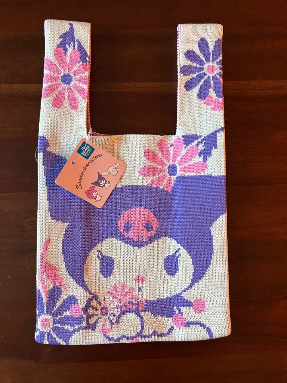 Official Sanrio Kuromi Jacquard Woven Mini Tote Bag - Purple Floral Knit Handbag